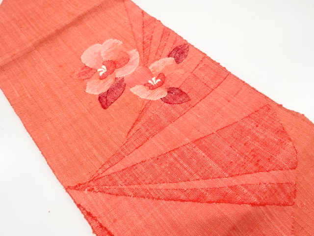 JAPANESE KIMONO / NAGOYA OBI / SILK / HAND WOVEN / MAWATA TSUMUGI / FOLDING FAN & FLOWERS